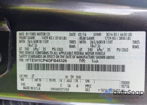 2016 Ford F-150 Xlt from USA, damaged, VIN 1FTEW1CP4GFB45326